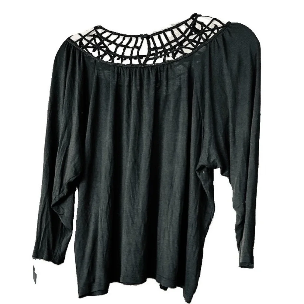 Anthropologie Graciela Black Cutout Lattice Neck 3/4 Sleeve Top M Gothic Witchy